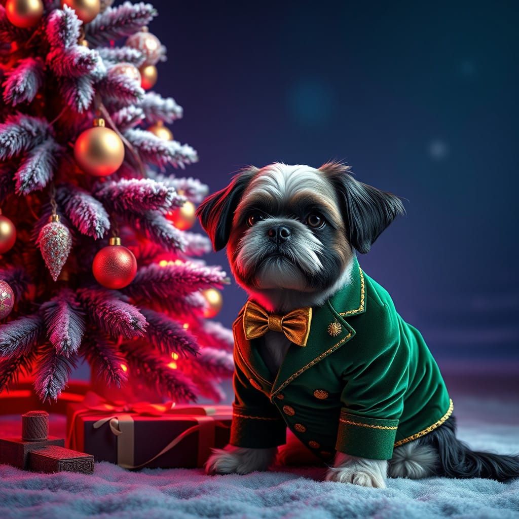 Luxurious Shih Tzu in Emerald Green Christmas Suit Beside Ma...