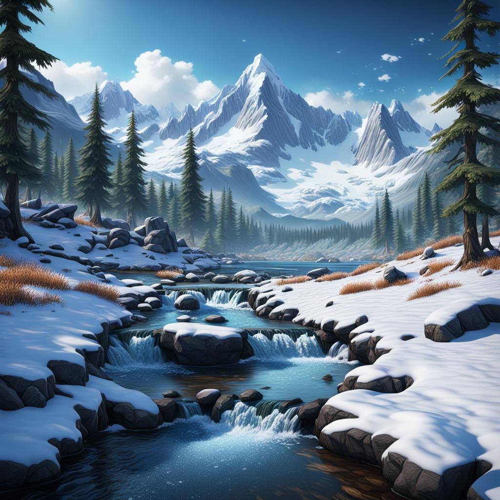 Icy Mountain Stream in Winter: Fantasy Concept Art