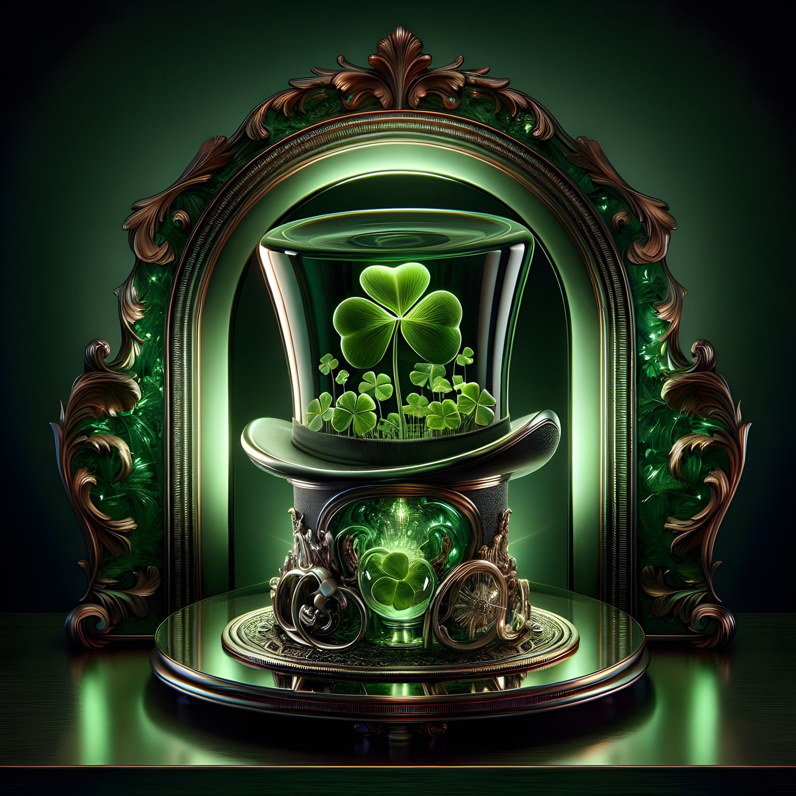 Whimsical Glass Hat Scene with Shamrock and Dark Green Mirro...