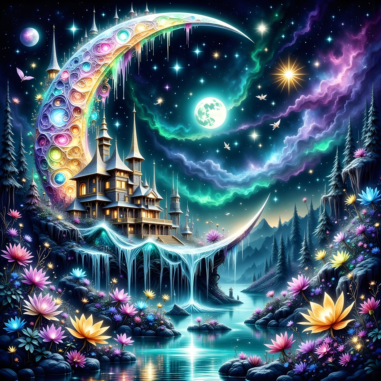 Vibrant Moonlit Oceanscape with Starry Sky