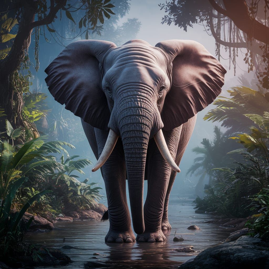 Elephant in Jungle: Detailed Matte Painting