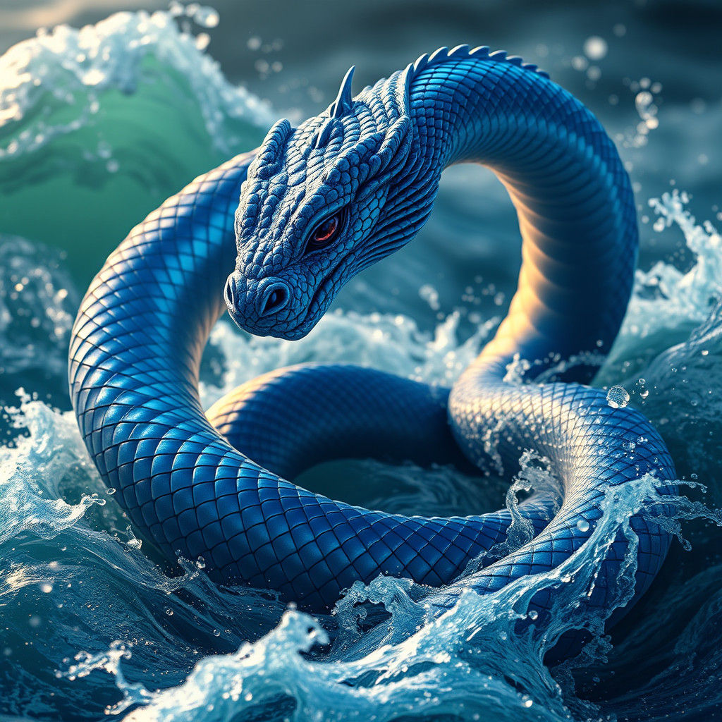 Iridescent Blue Serpent Merging with Ocean Waves
