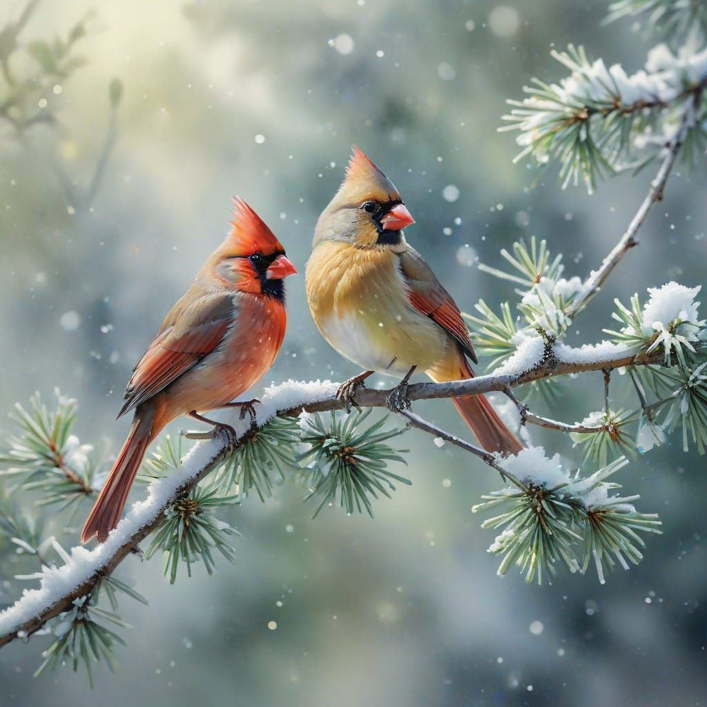 Vibrant Watercolor Cardinals in Snowy Branch
