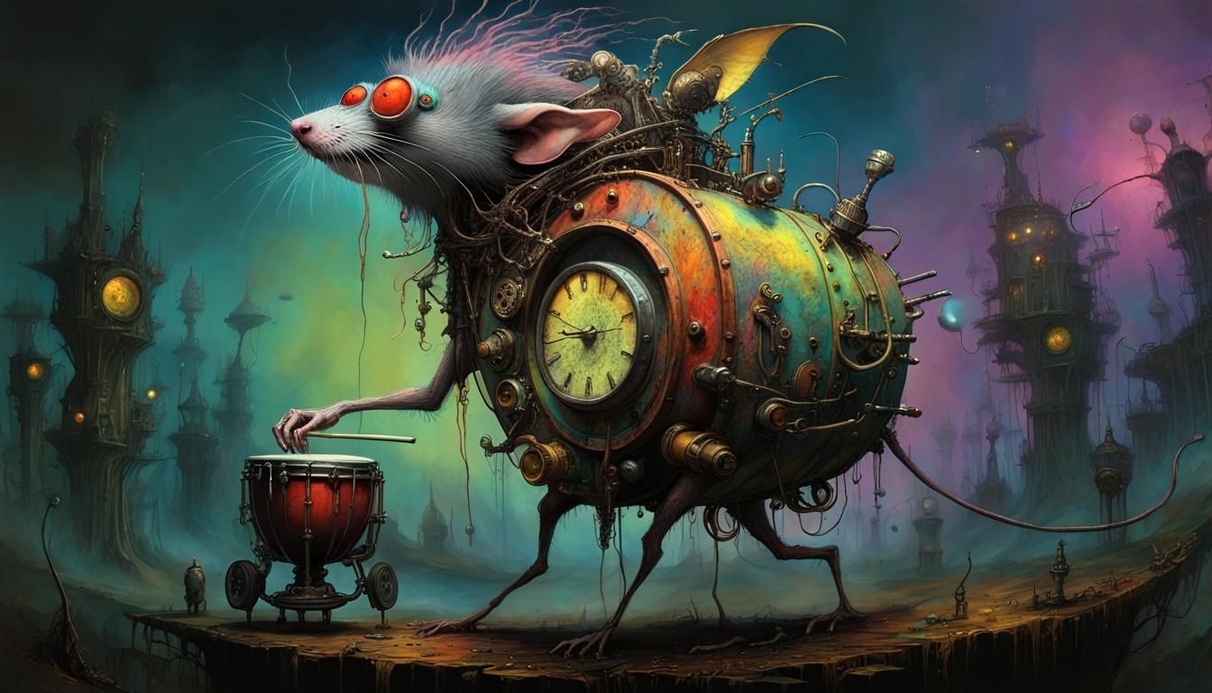 Psychedelic Steampunk Drummer in a Punk Rock Rat Club