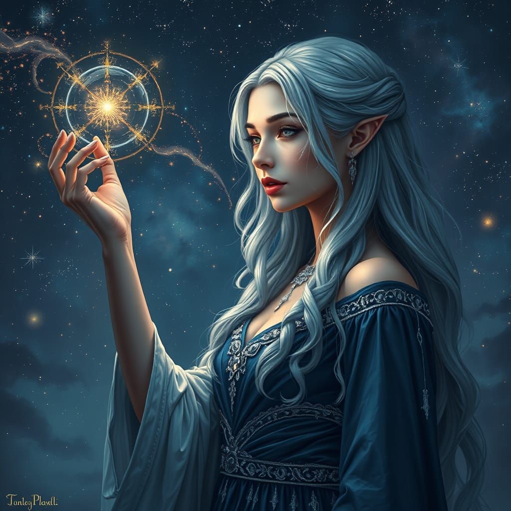 Behold a captivating, highly detailed portrayal of a dignified, otherworldly woman with cascading silver hair, embellish...