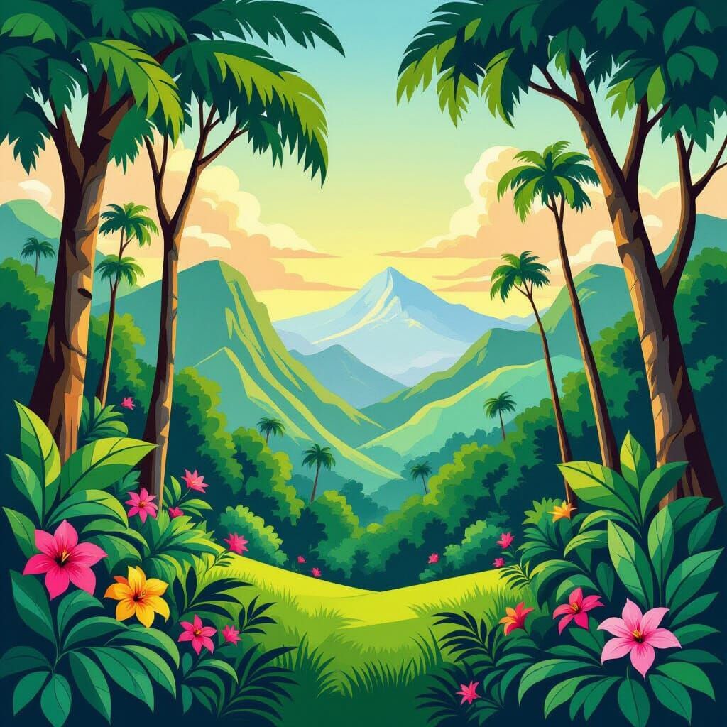 Lush Jungle Landscape in Naive Art Style