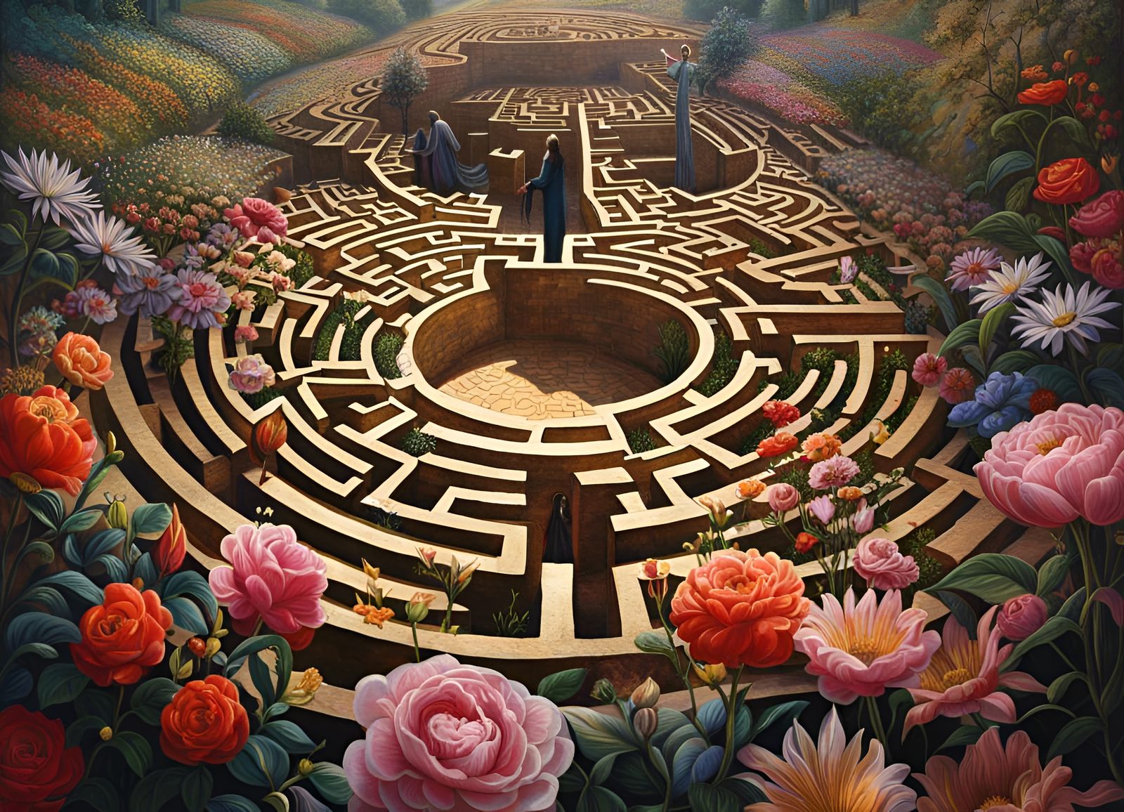 Magical Labyrinth with Intricate Flowers in Winter Colors