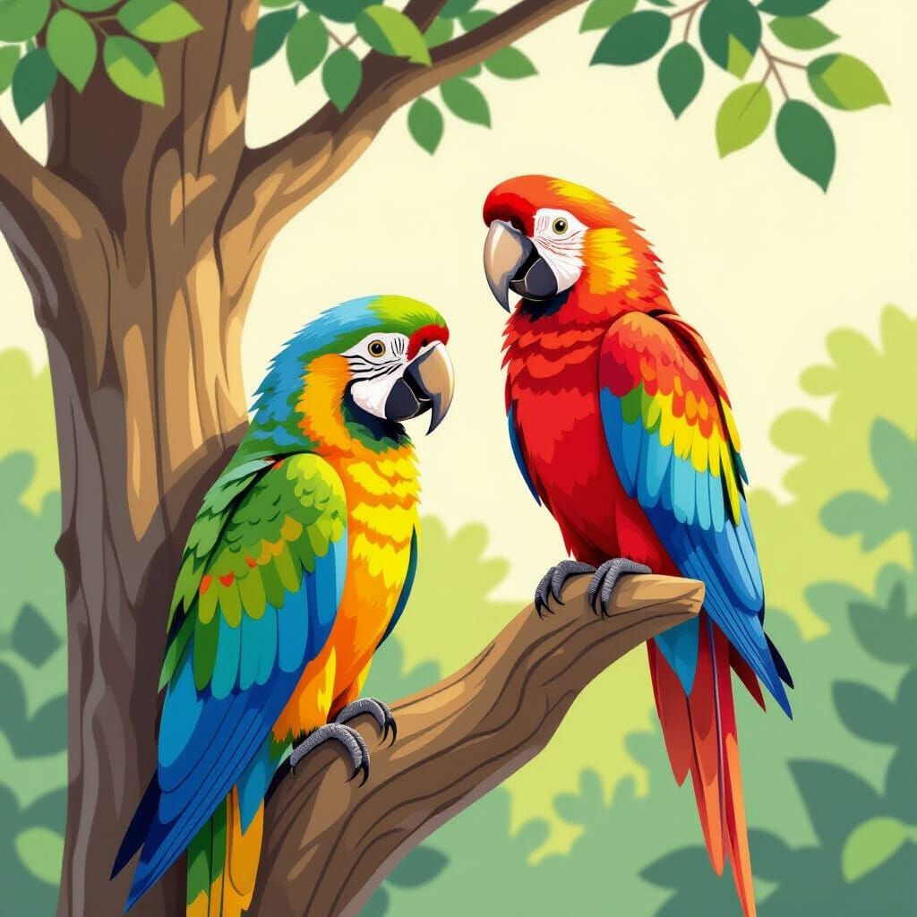 Vibrant Parrots Stacked Beside Tree in Whimsical Illustratio...