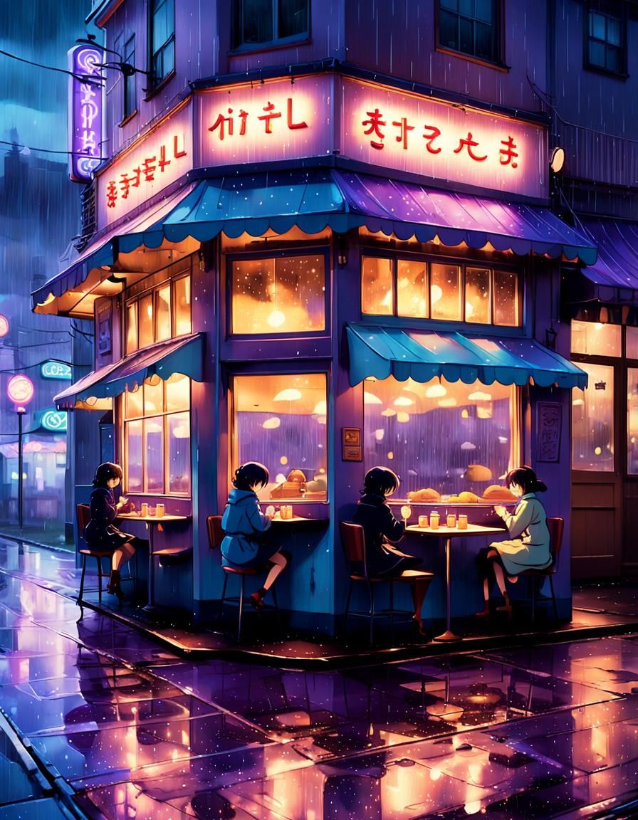 Cozy Diner on Rainy Night: Whimsical Anime Style
