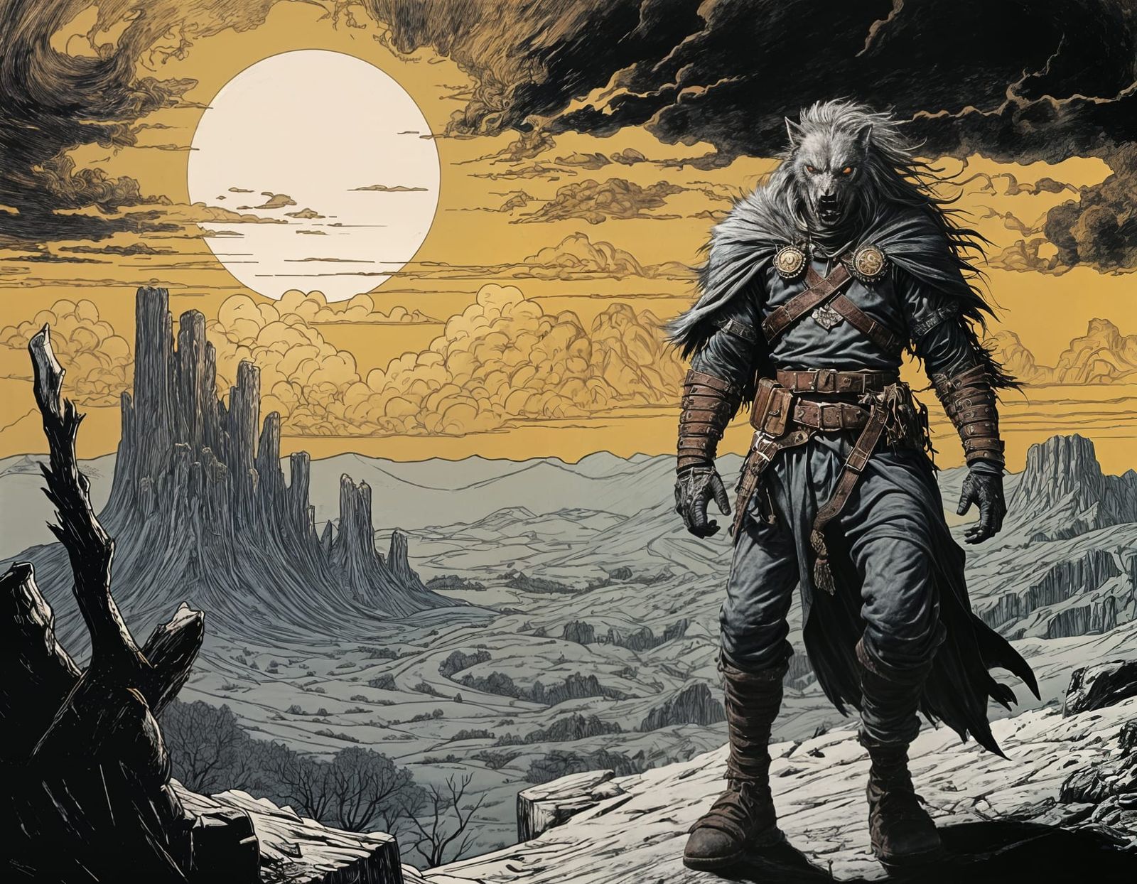 Werewolf Warrior in Post-Apocalyptic Horror Comic Style