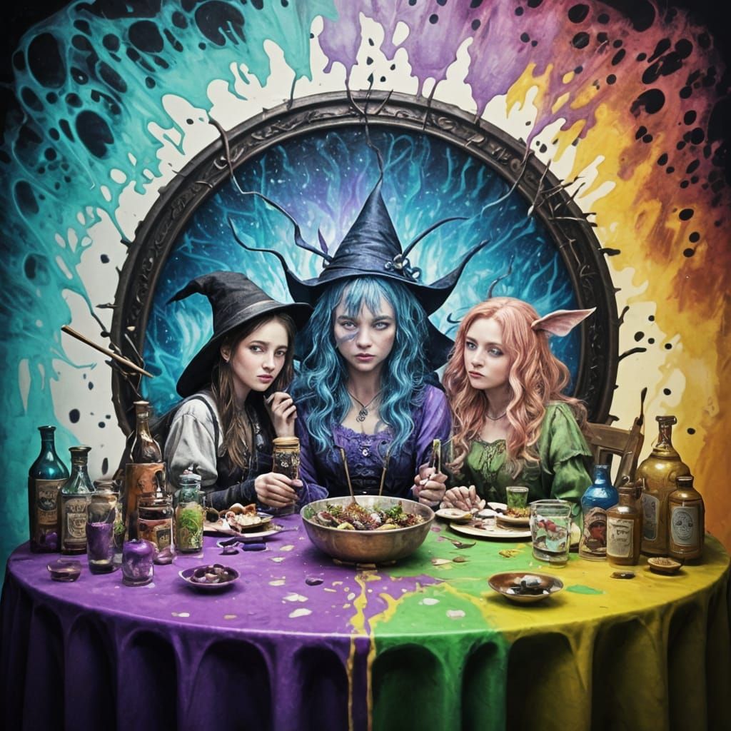 Whimsical Witches Brewing Potions in Surreal Graffiti Art