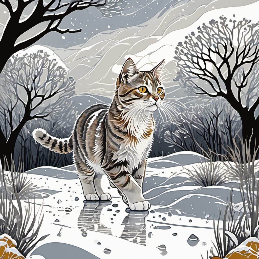 Playful Kitten in Snow with Watercolor Vignette