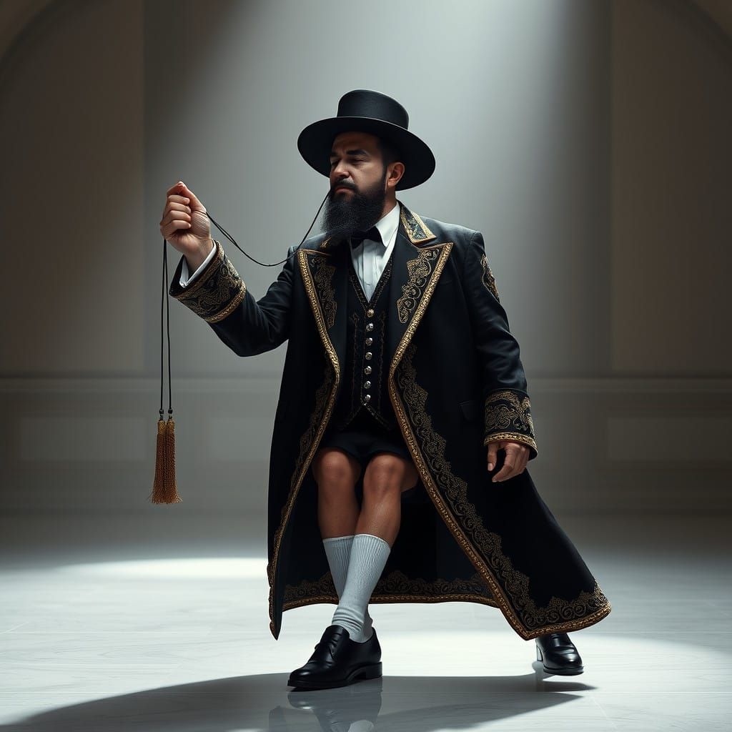 Hasidic Man in Ornate Formal Attire, Shtreimel Hat, and Eleg...