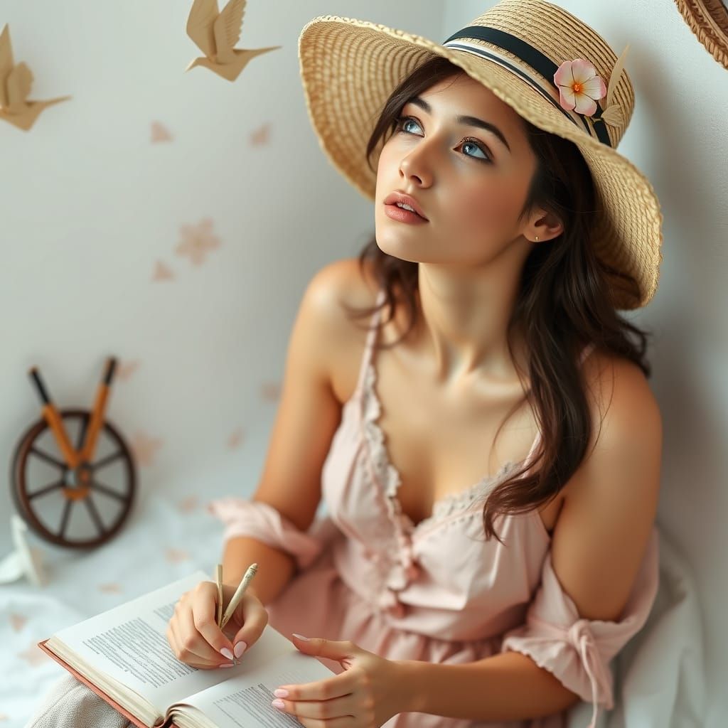 Woman in Straw Hat Takes a Dreamy Break from Writing