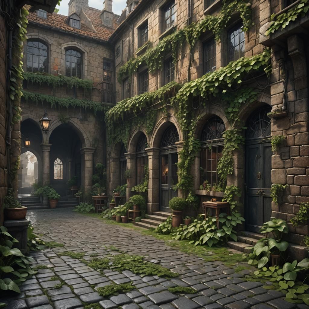 Overgrown Courtyard: Detailed Matte Painting in Unreal Engin...