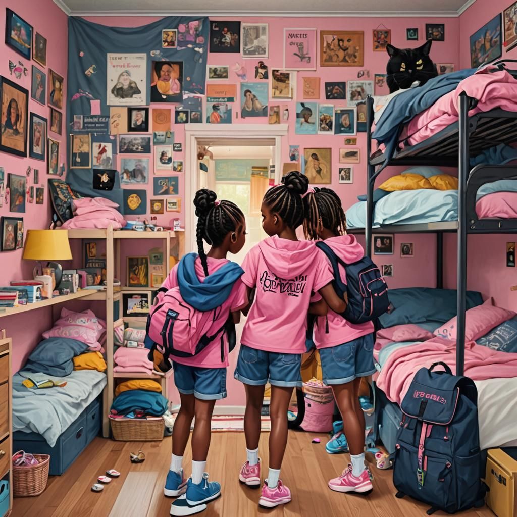 Sisters Play in Colorful Bedroom, Detailed Matte Painting