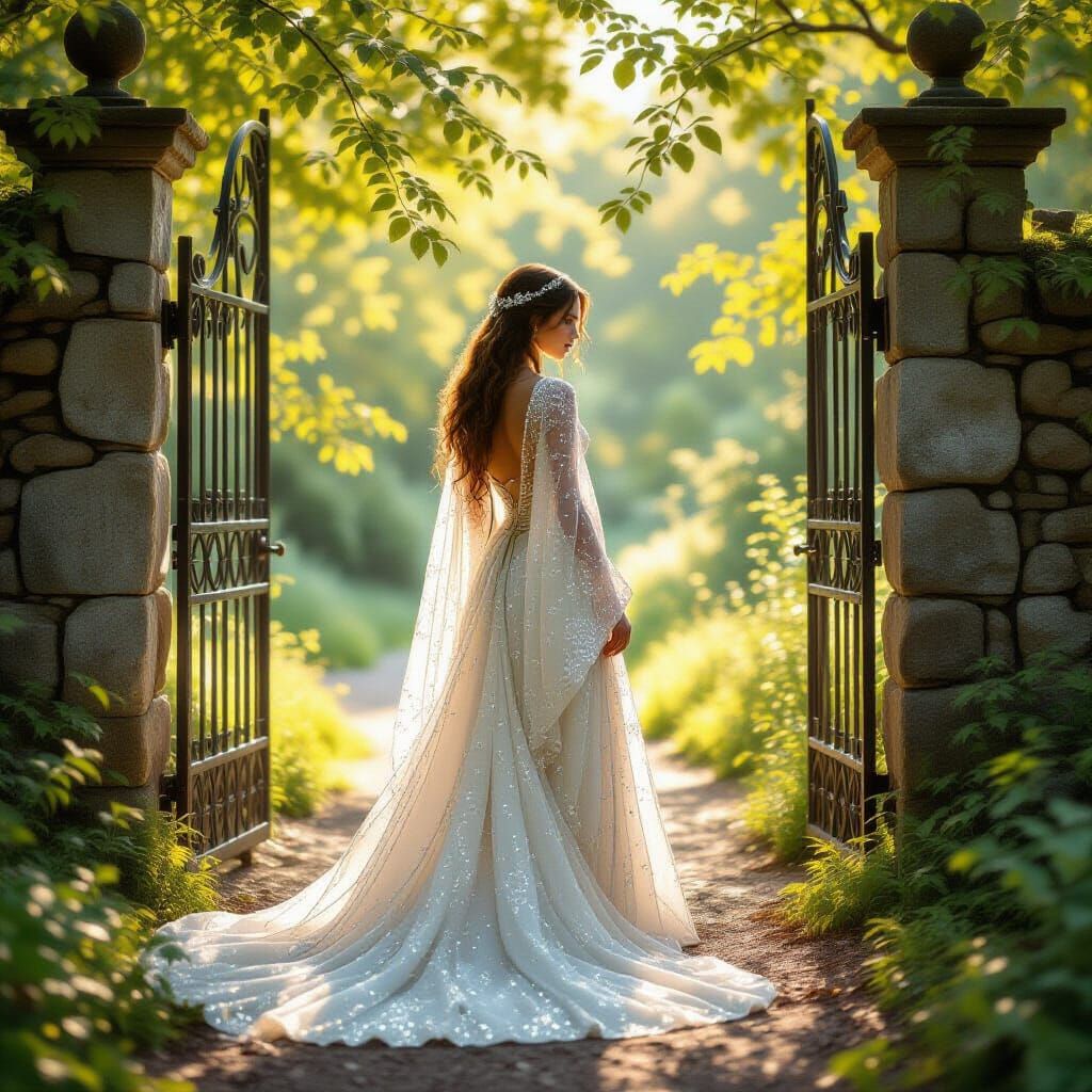 Ethereal Glass Bead Gown in Sunlit Forest