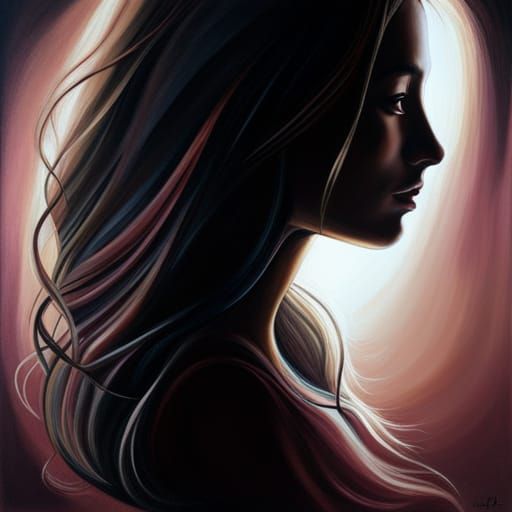 Dramatic Silhouette Oil Painting of Girl with Long Hair