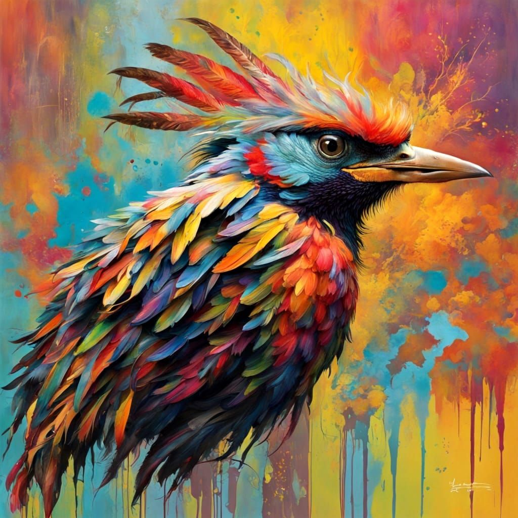 Vivid Abstract Bird with Dripping Paint Feathers