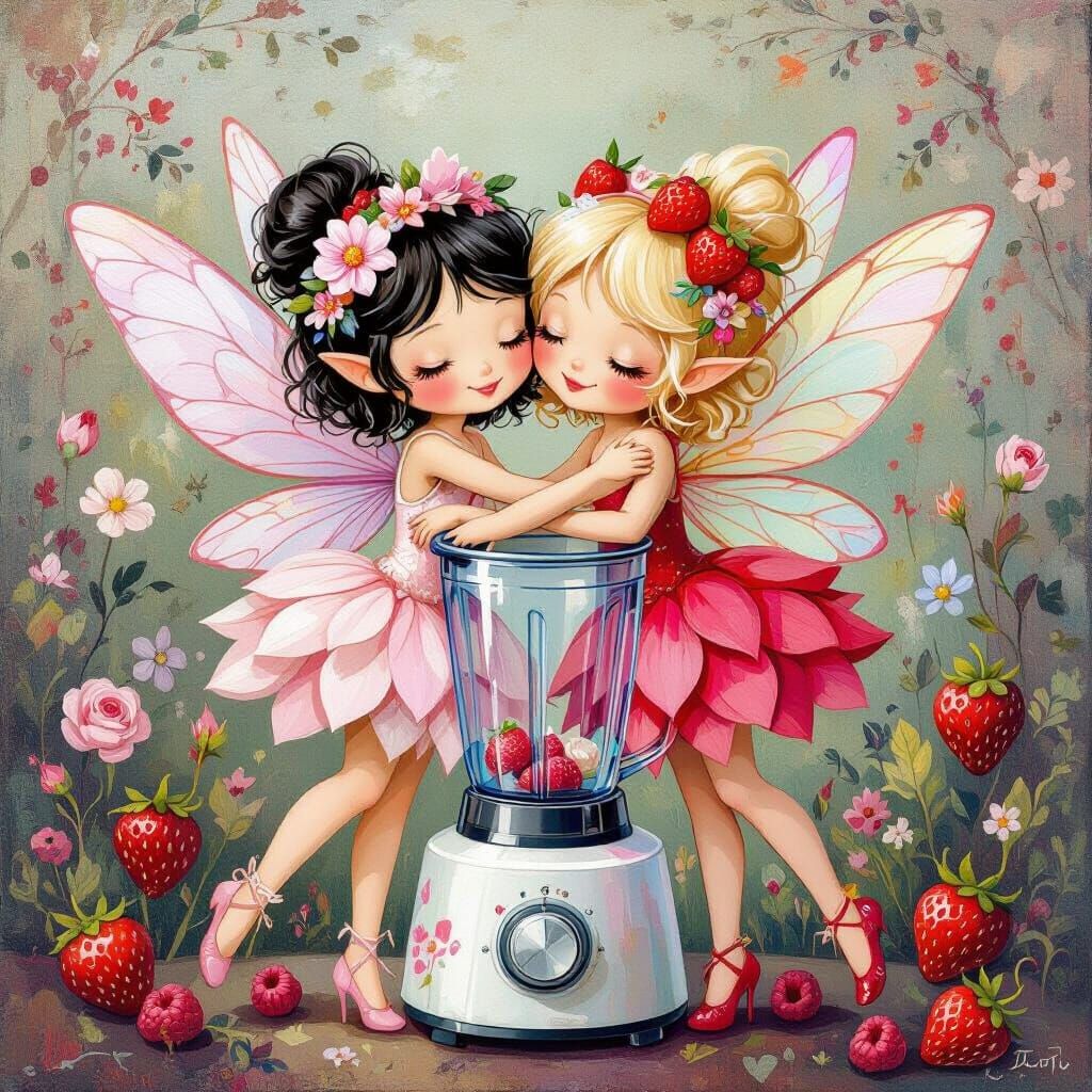 Strawberry and Raspberry Fairies in a Colorful Blender