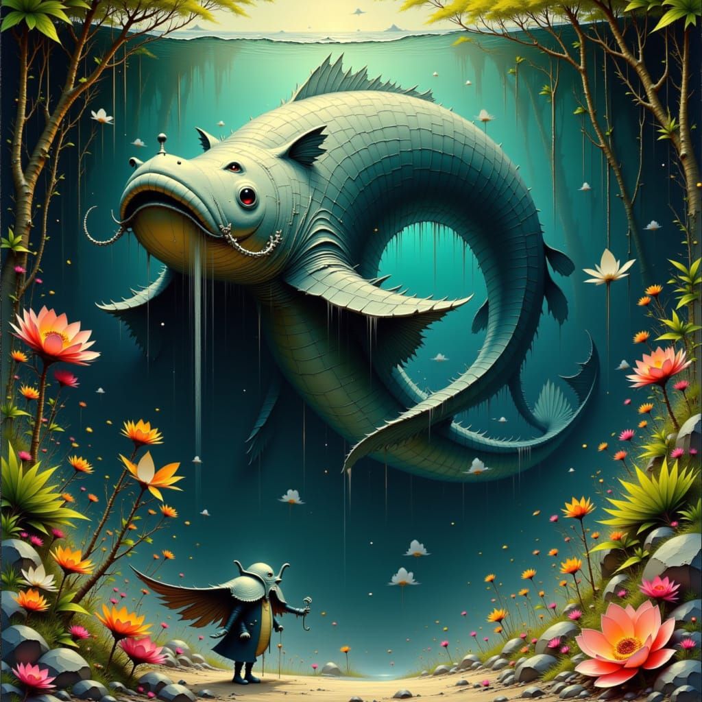 Colossal Catfish Namazu Submerged: Japanese Art Style