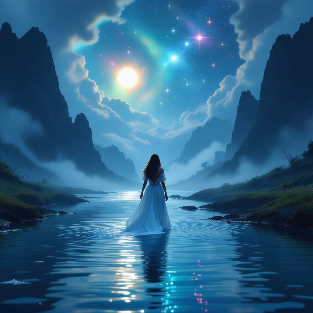 Ethereal Woman in Double River Fantasy Landscape
