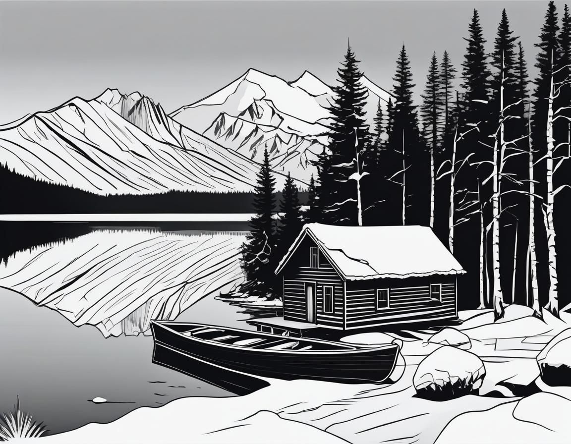 Rustic Cabin on Lake: Black and White Vector Art