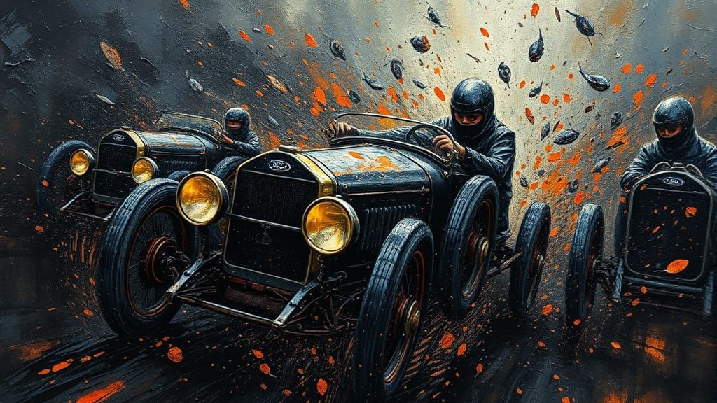 Dark Surrealistic Oil Painting of Vintage Cars in a Chaotic ...