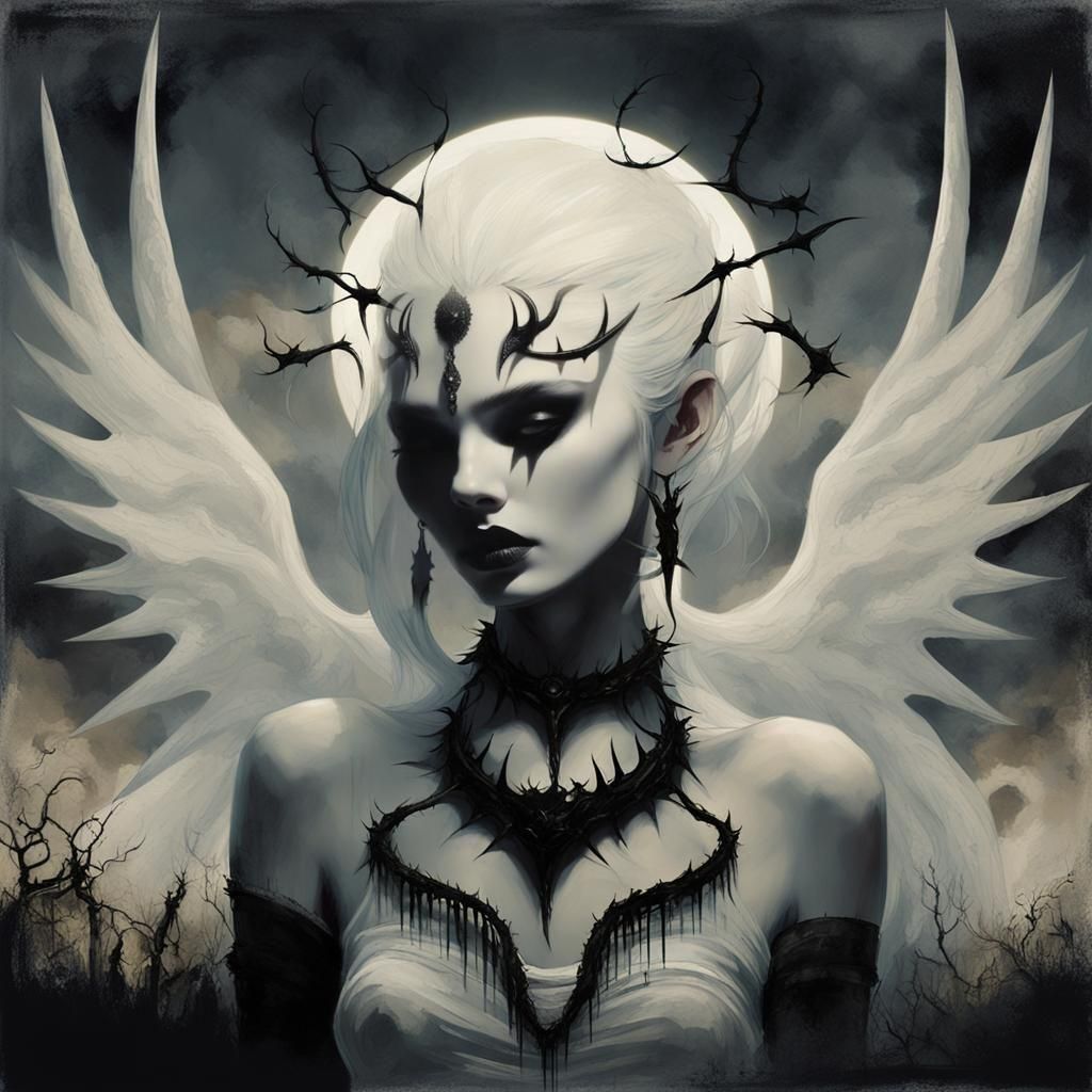 Gothic Female Figure with Dark Wings and Moon