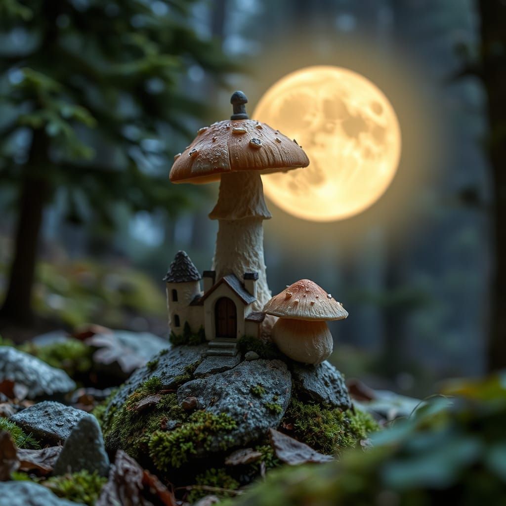 minature mushroom city under a full moon woodlands