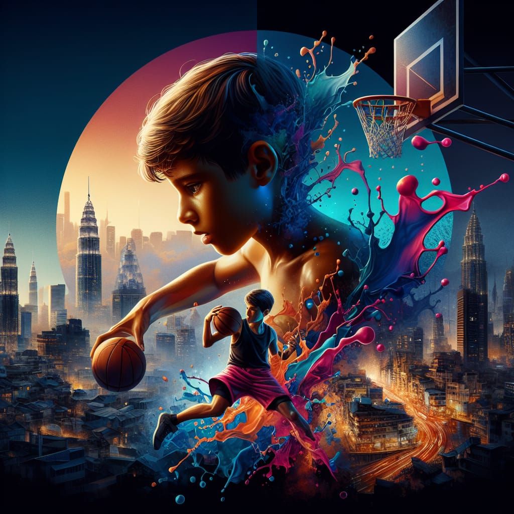 Hyperrealistic Boy Plays Basketball at Night