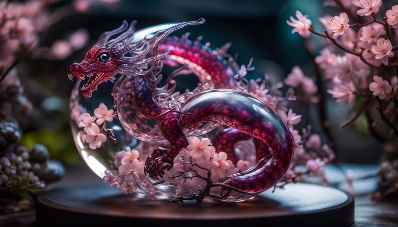 Glass Dragon on Sphere with Cherry Blossoms