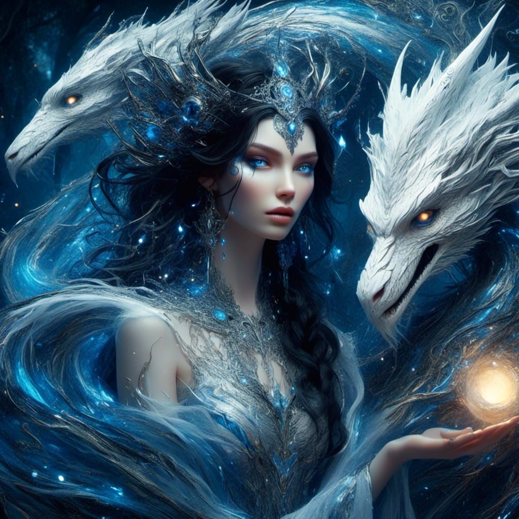 Sorceress with White Dragon in Art Nouveau Style