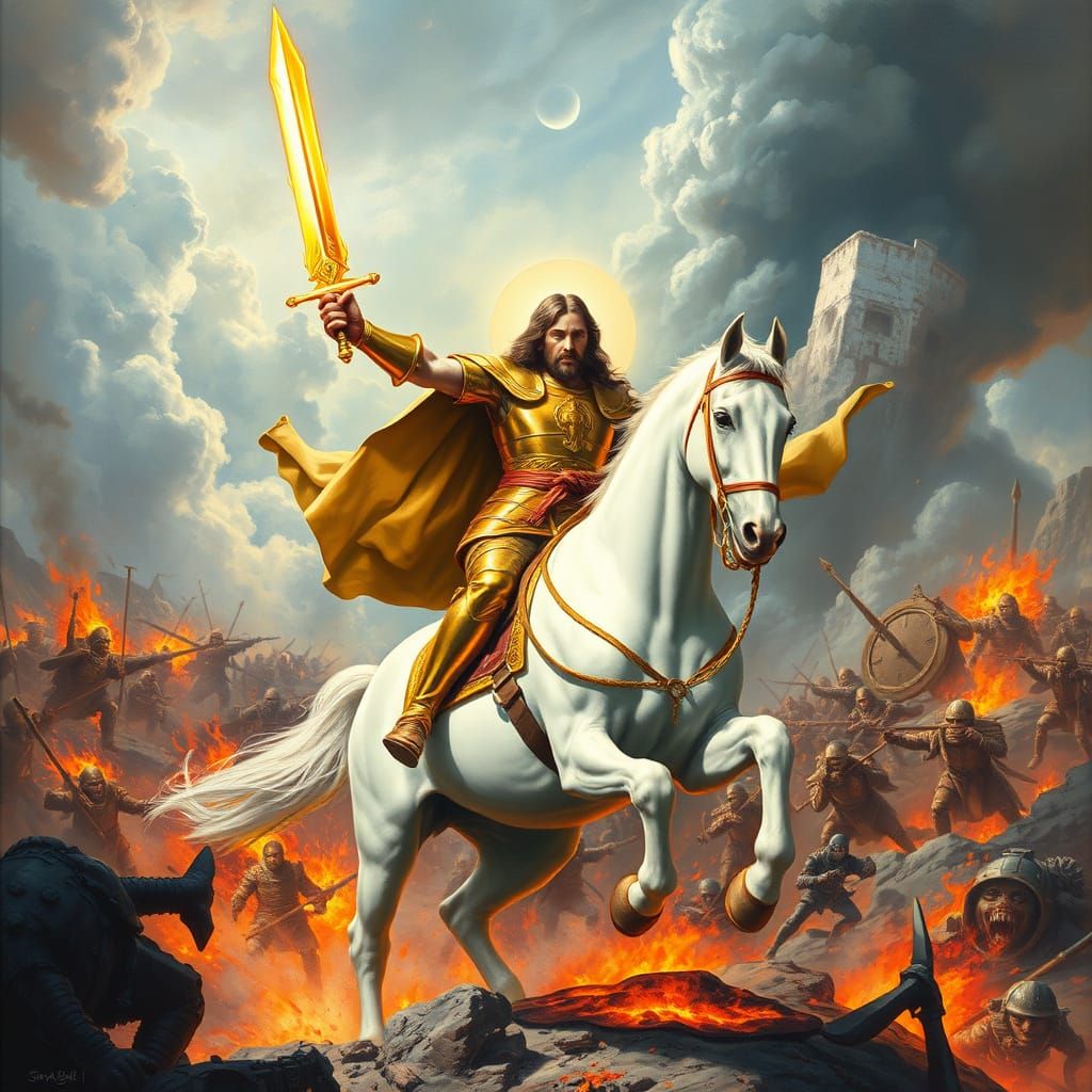 Jesus on White Horse Amidst Celestial War
