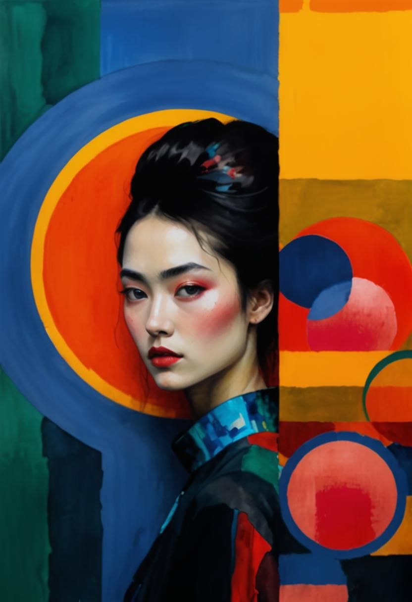 Vibrant Watercolour Portrait of a Young Woman in Distressed....