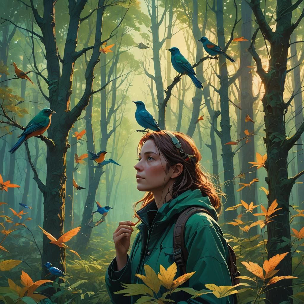 Girl with Songbirds in Enchanting Forest