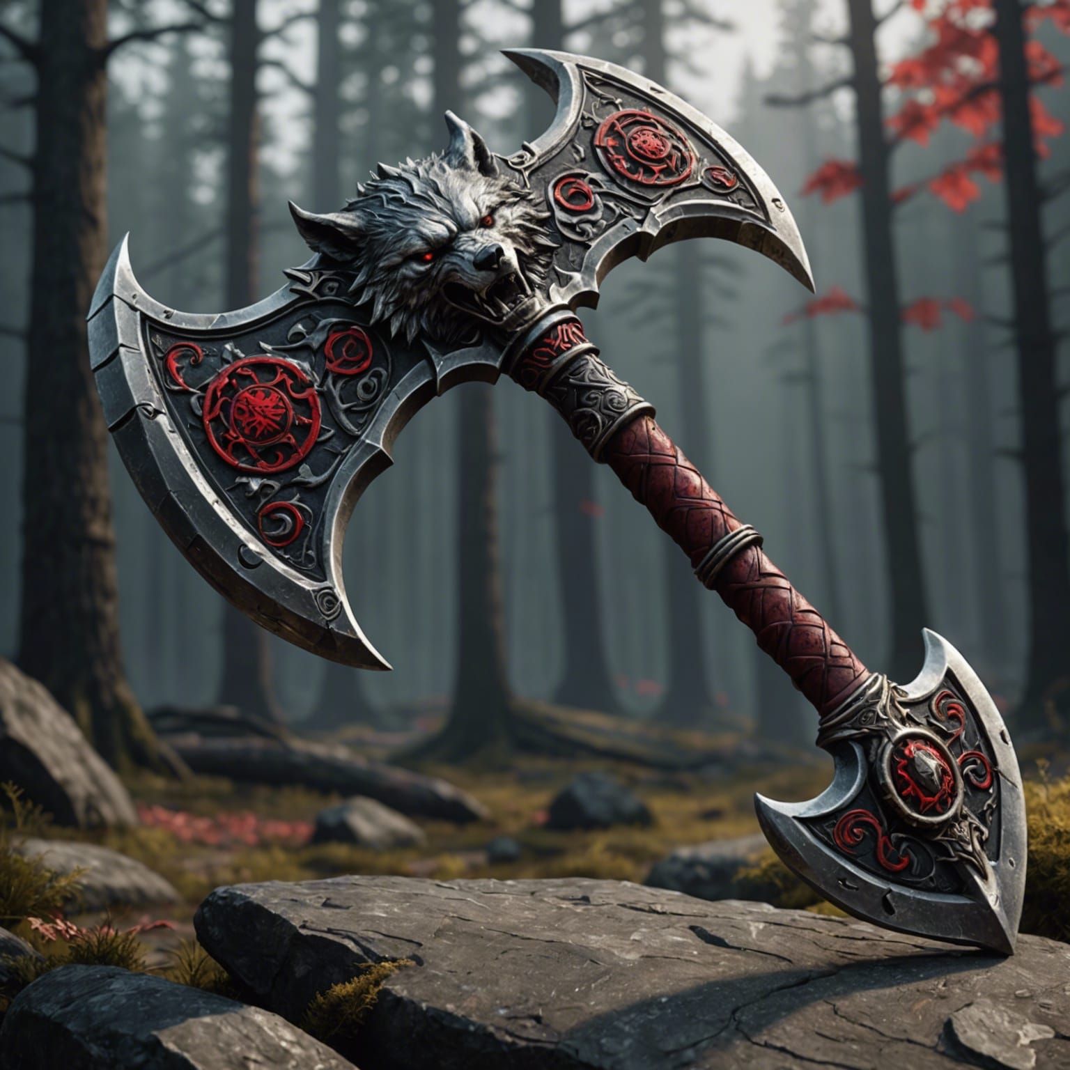 Fantasy Battle-Axe with Wolves in Detailed Matte Painting