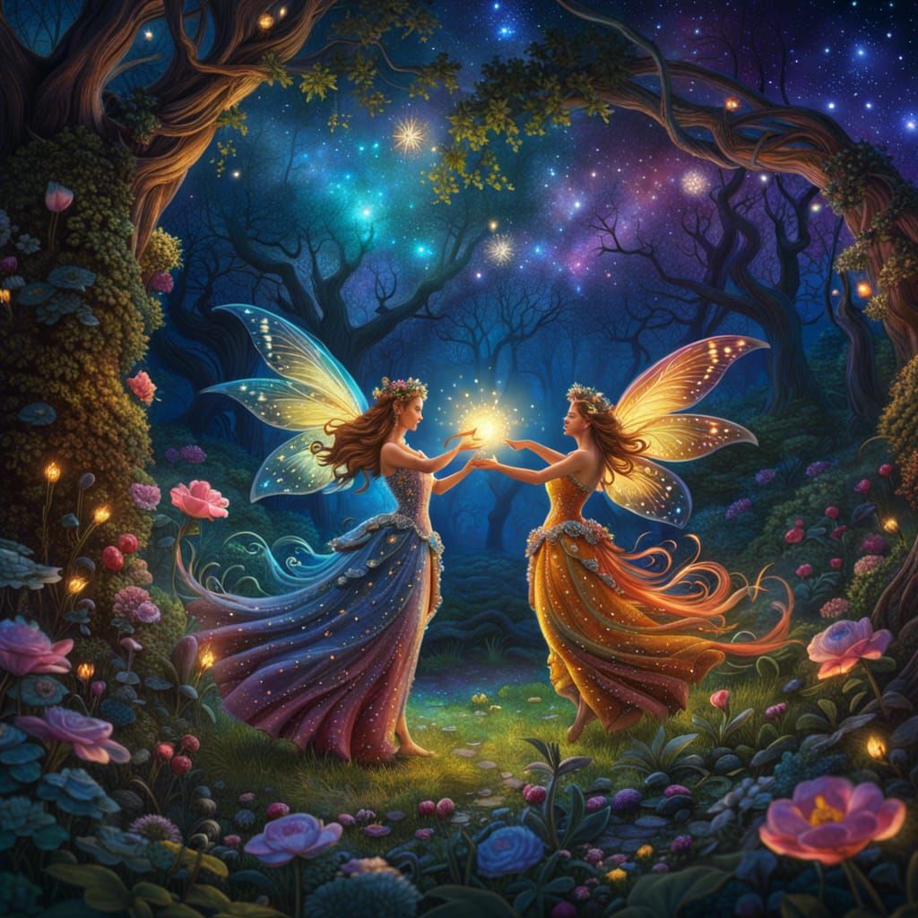 Fairies Dancing in Starry Glade: Hyperrealistic 3D Render