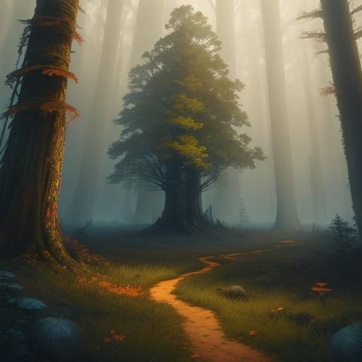 Misty Forest with Glowing Mushrooms in Fantasy Art Style