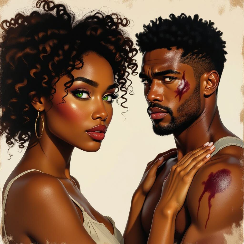 Intense Gaze: Woman Observes Figure in Somber Lighting