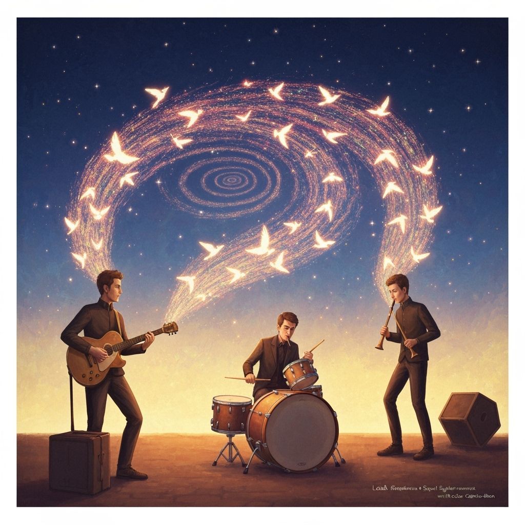 Street Musicians Play to Luminous Sound Birds in Digital Pai...