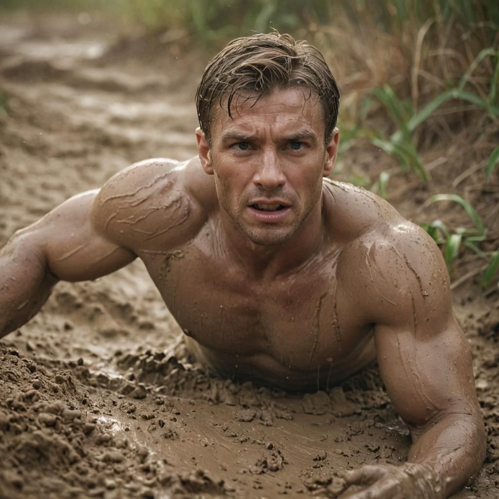 Muscular Man's Quicksand Struggle: Cinematic Film Still