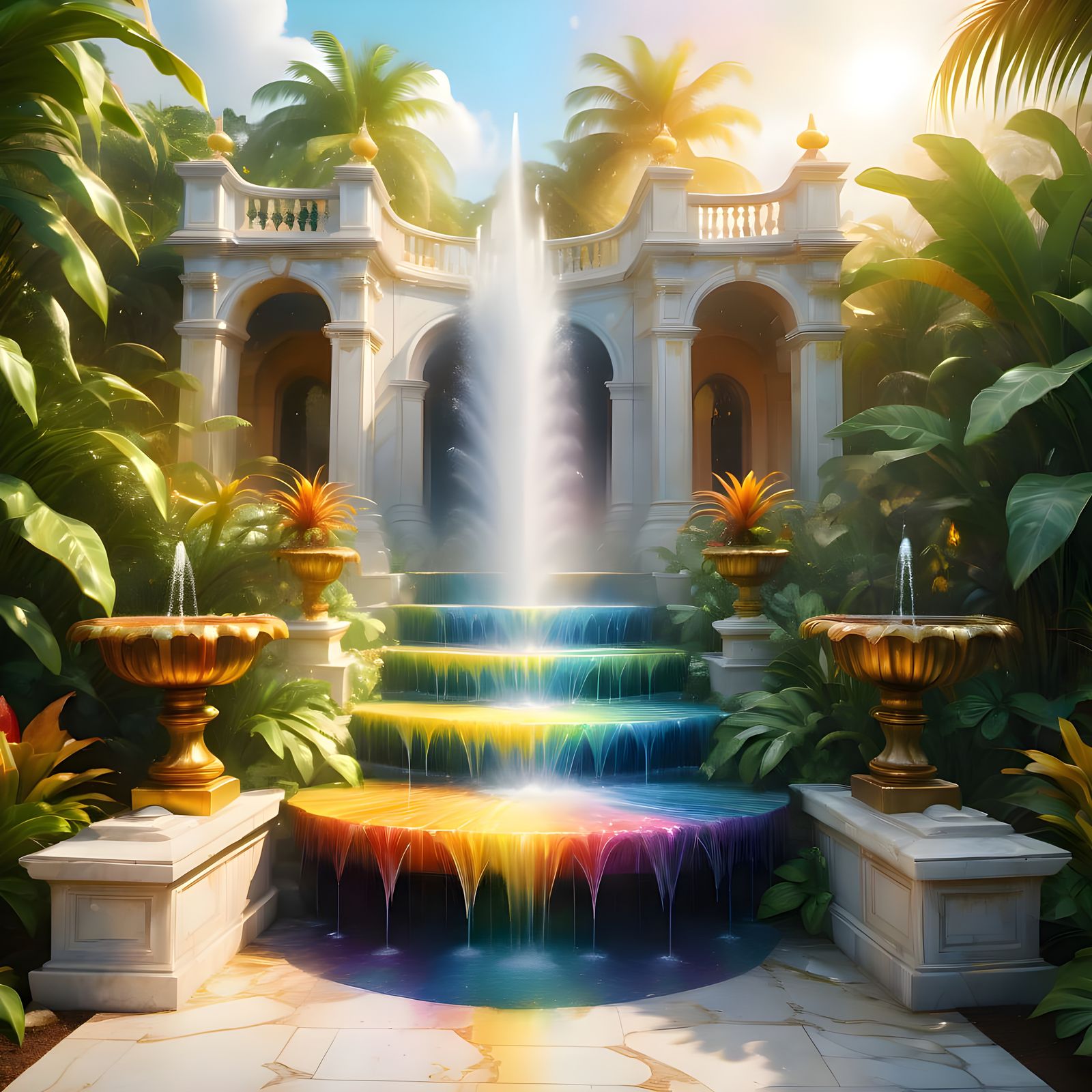 Marble Staircase Fountain with Rainbow