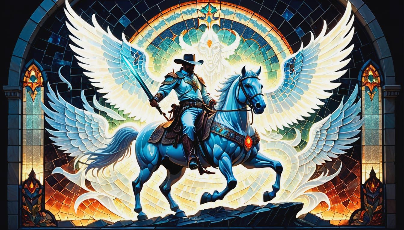 Cowboy Battles Demon with Winged Horse in Stained Glass Styl...