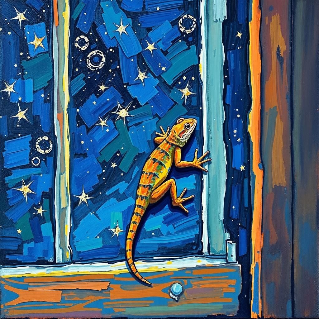 Lizard on Window Screen: Impasto Oil Painting