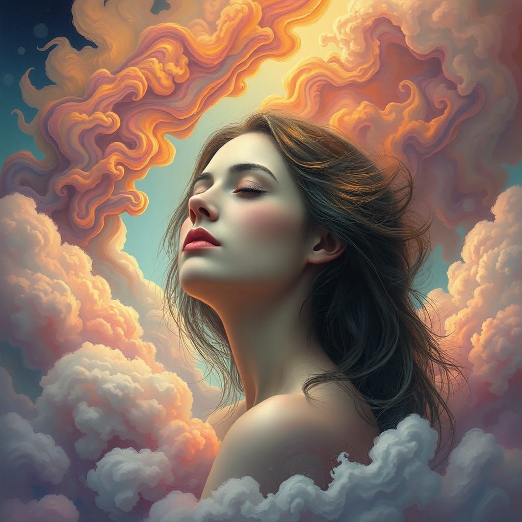 Ethereal Woman in Dreamlike Surrealist Landscape