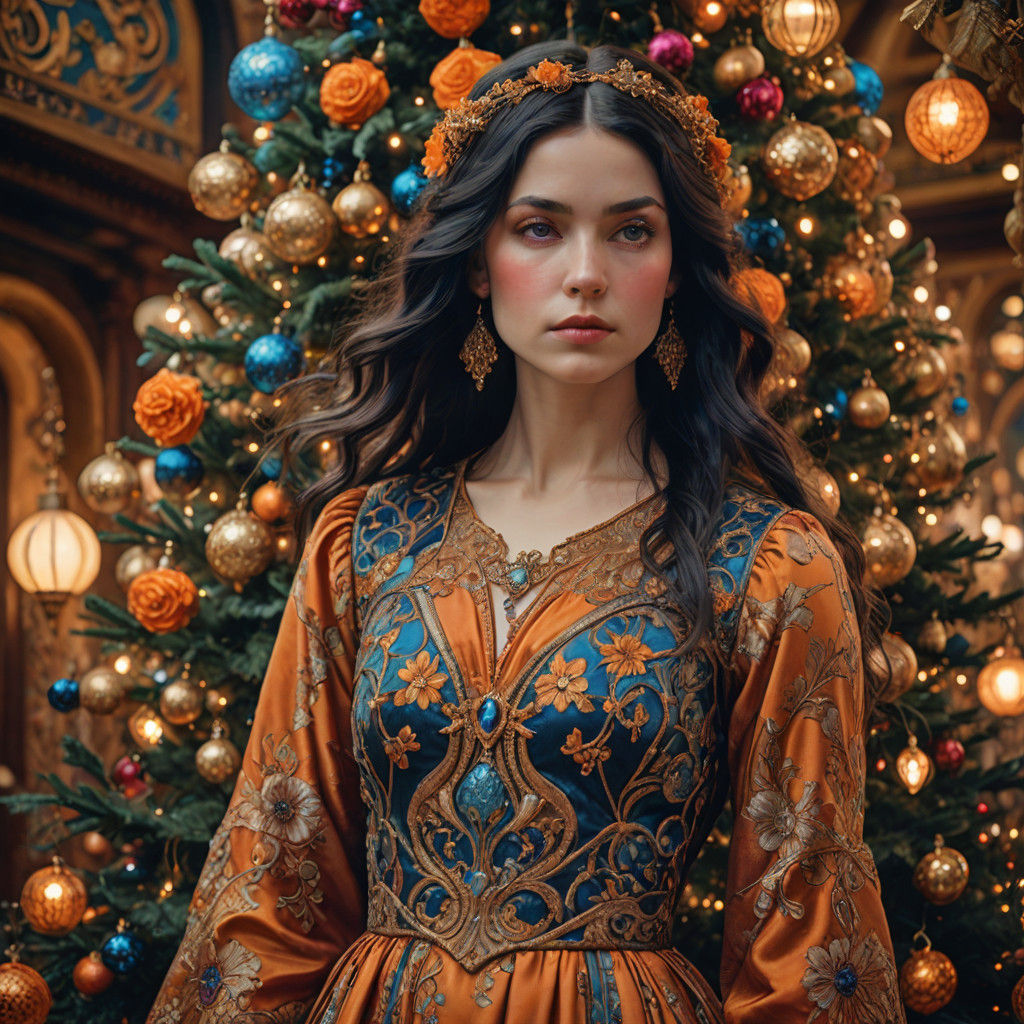 Jugendstil Portrait of a Christmas Fairy in Vibrant Rose Dre...