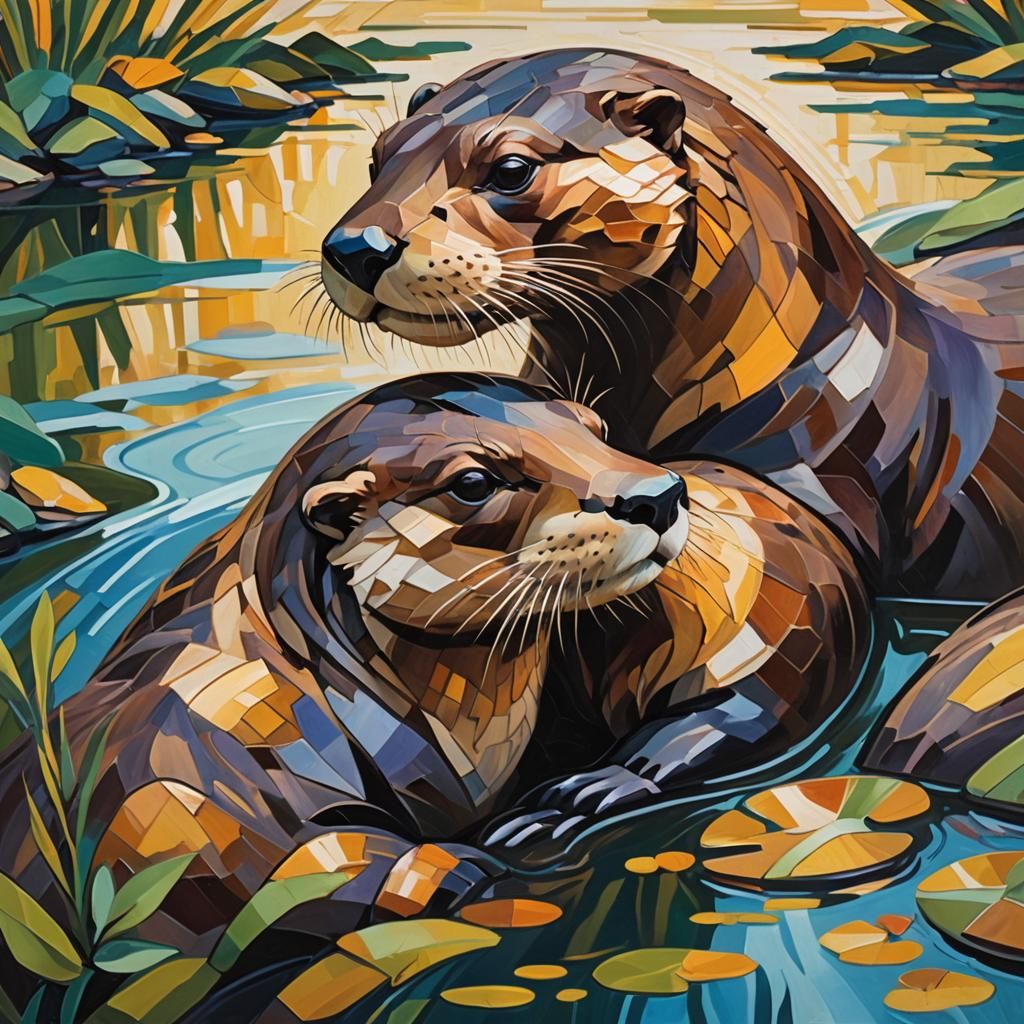 Otters Hugging in Cubist Geometric River Landscape