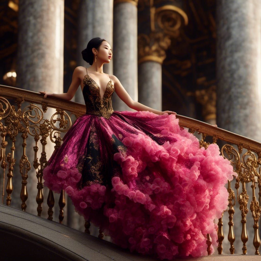 Asian Woman in low cut ball gown on ballroom balcony. Dark pink, black and gold. <lora:Gridrunners v1:1.0> <lora:Mystic ...