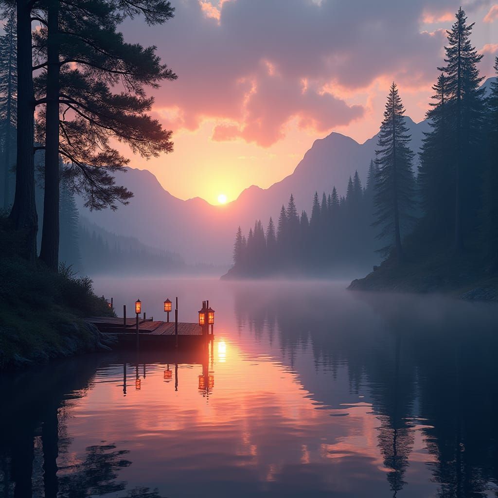 Tranquil Sunset Lake Reflection in Detailed Matte Painting